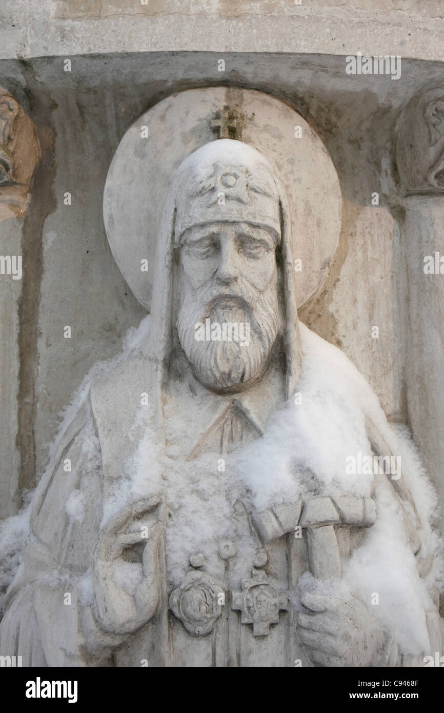 Patriarch Tikhon of Moscow. Detail of the monument to Saint Olga by sculptor Vyacheslav Klykov in Pskov, Russia. Stock Photo