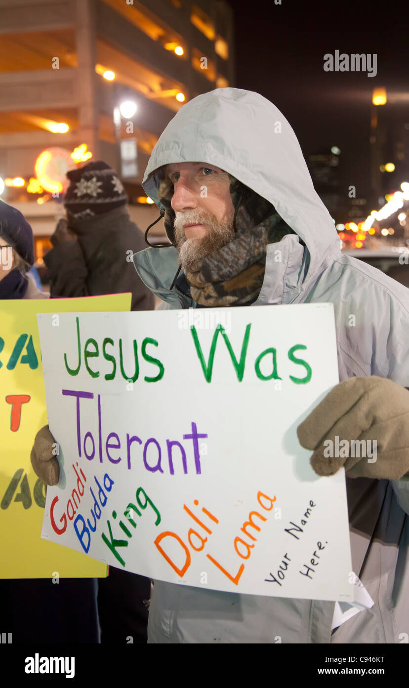 Detroit, Michigan - A group of religious leaders rallied outside Ford Field as thousands inside attended a 24-hour prayer and fasting event organized by TheCall. The protesters objected what they said was a divisive message from TheCall organizer Lou Engle, including an anti-Musl Stock Photo