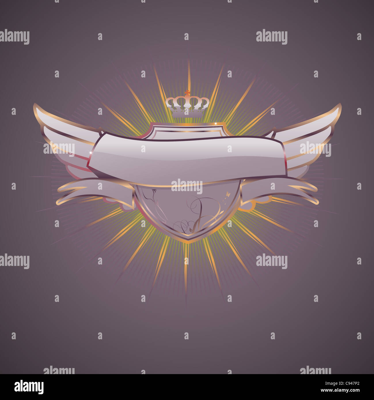 illustration of heraldic shield or badge with blank banner, so you can add your own text Stock Photo