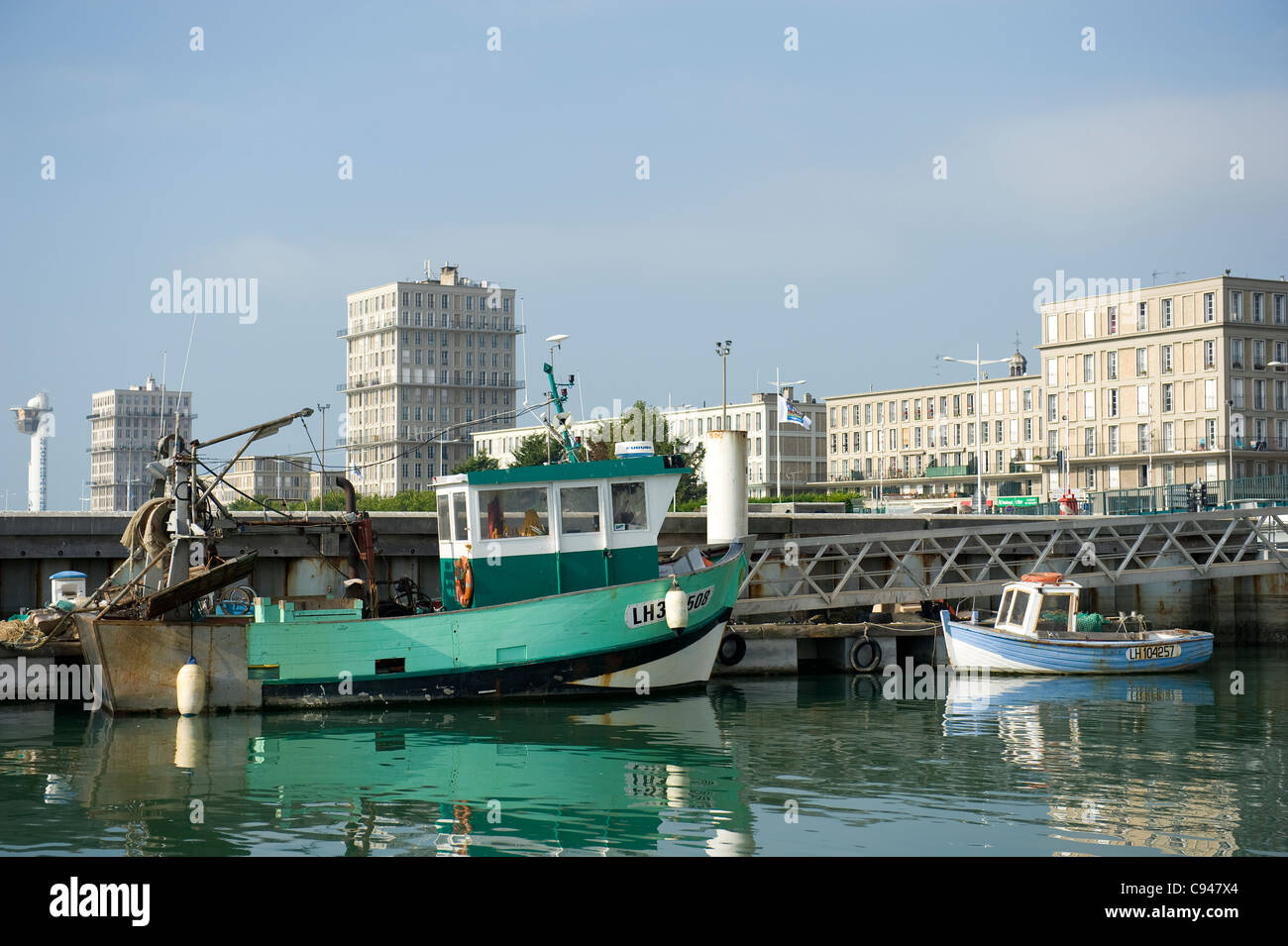 Bassin de la Manche, fishing port of UNESCO world heritage site Le Havre in Normandy, with trawlers Stock Photo