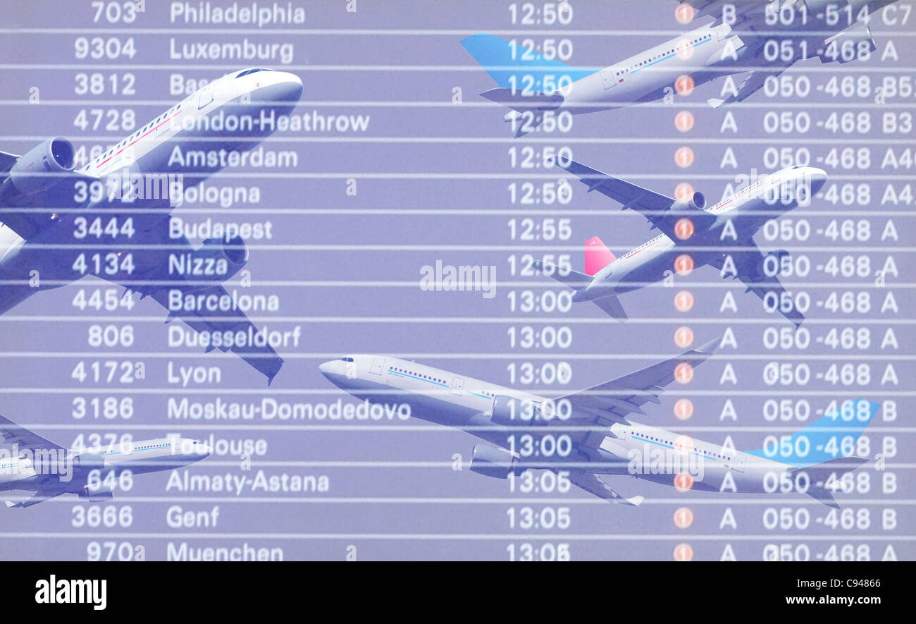 Passenger plane in flight and flight information board Stock Photo - Alamy