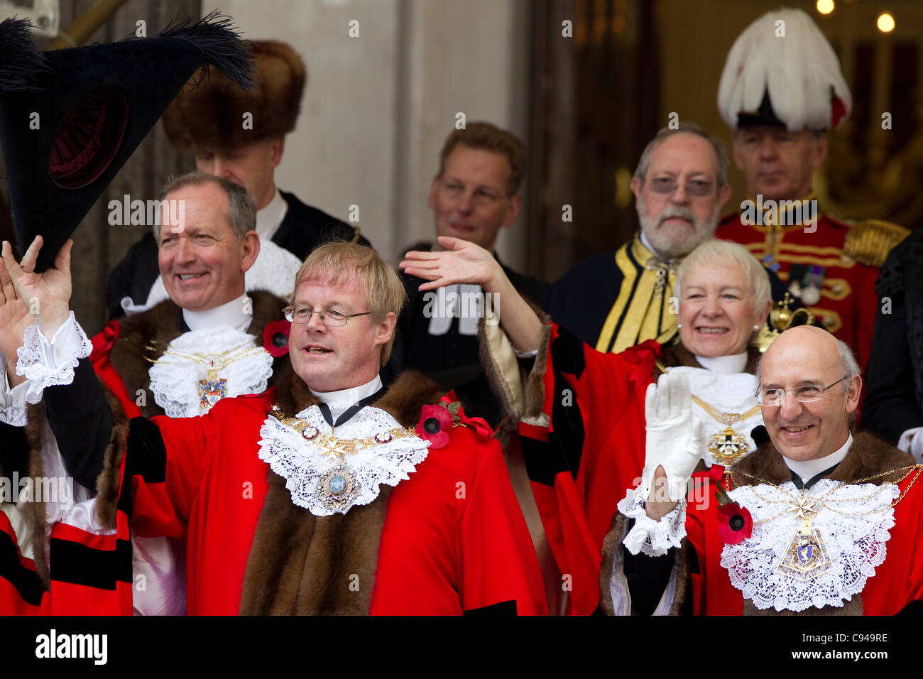 London, UK, 12.11.2011 David Wootton (left), Lord Mayor of the City of London, on the balcony with former Mayor Michael Bear (right) at Mansion House during the Lord Mayor's Show, the annual procession from the City of London to the Royal Courts of Justice. Photo:Jeff Gilbert Stock Photo