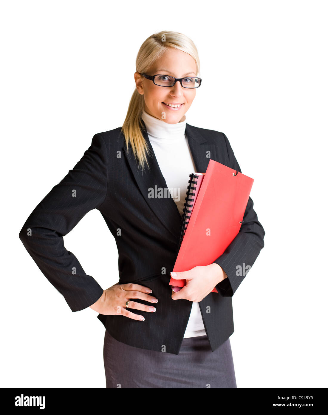 Half length portrait of happy young business woman isolated on white ...