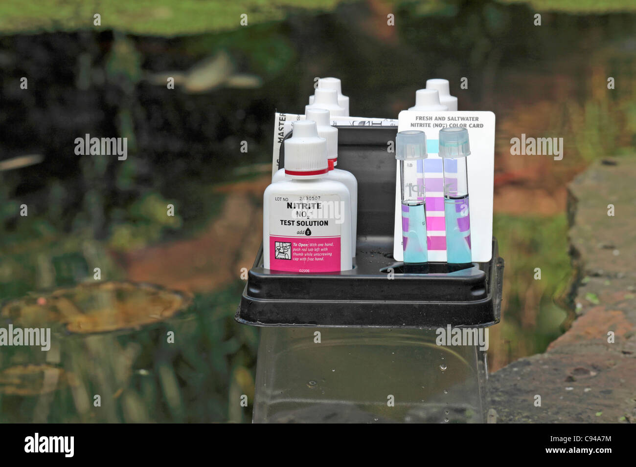 Garden pond water nitrite testing Stock Photo