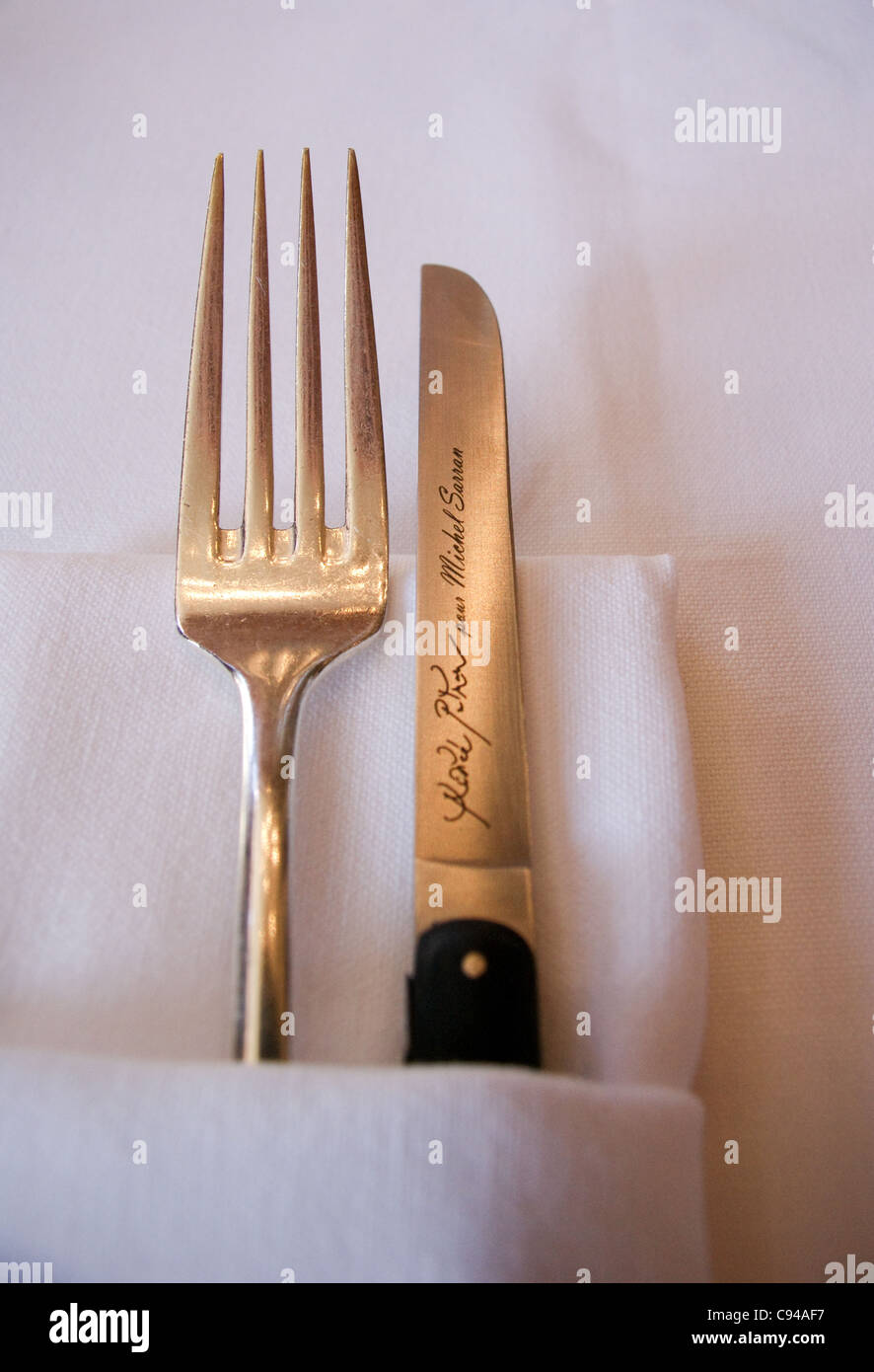Designer cutlery at Restaurant Michel Sarran,Toulouse,  Haute-Garonne, Midi- Pyréneés, Occitanie, France Stock Photo