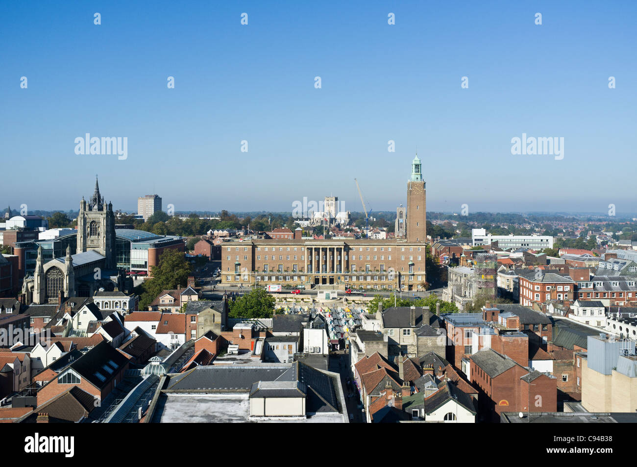 View from Norwich Castle looking toward City Hall & St Peter Mancroft Church Stock Photo