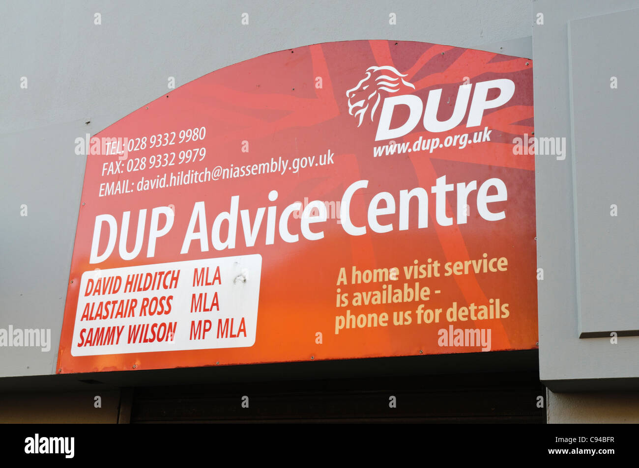 DUP Advice Centre Sign in Carrickfergus Stock Photo