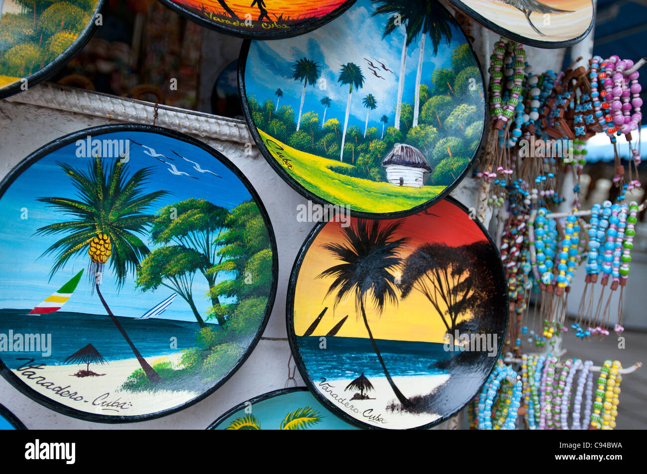 Souvenir plates on sale in market, Varadero, Cuba Stock Photo