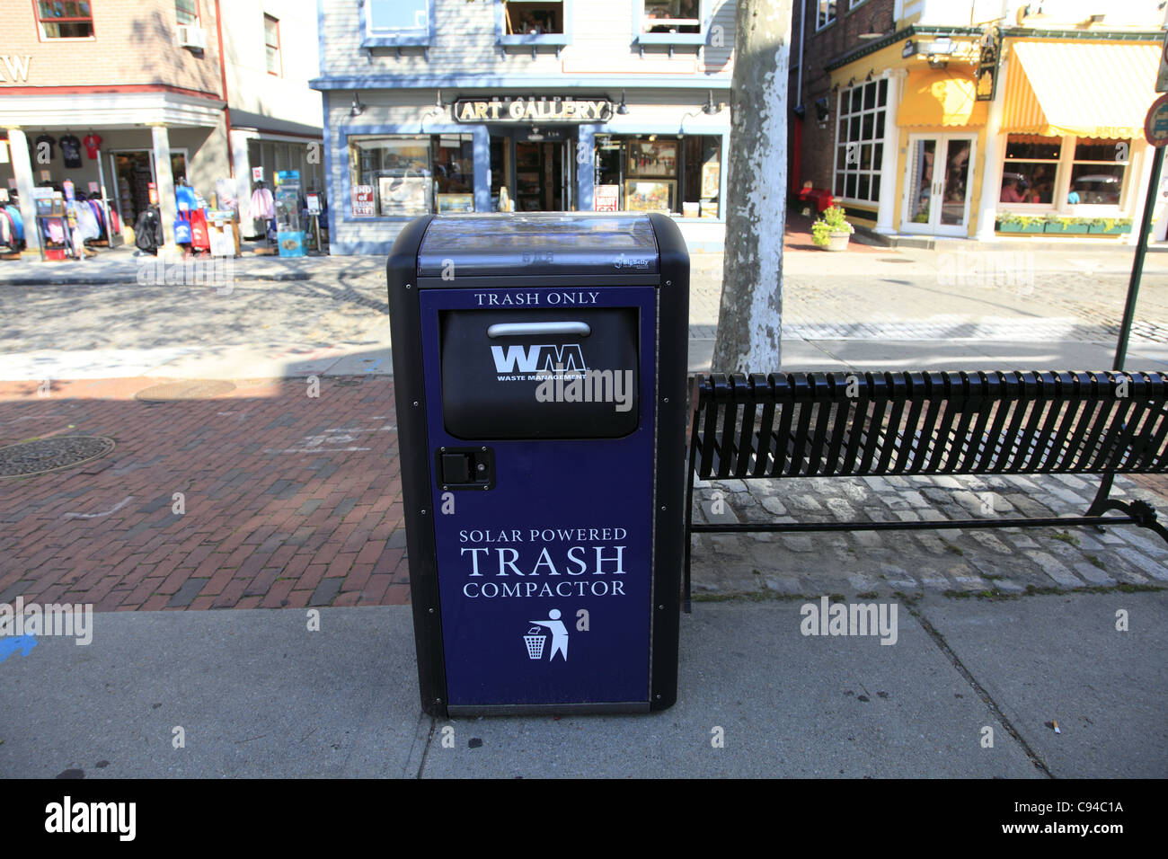Solar powered trash compactor, can, Thames Street, Newport, Rhode