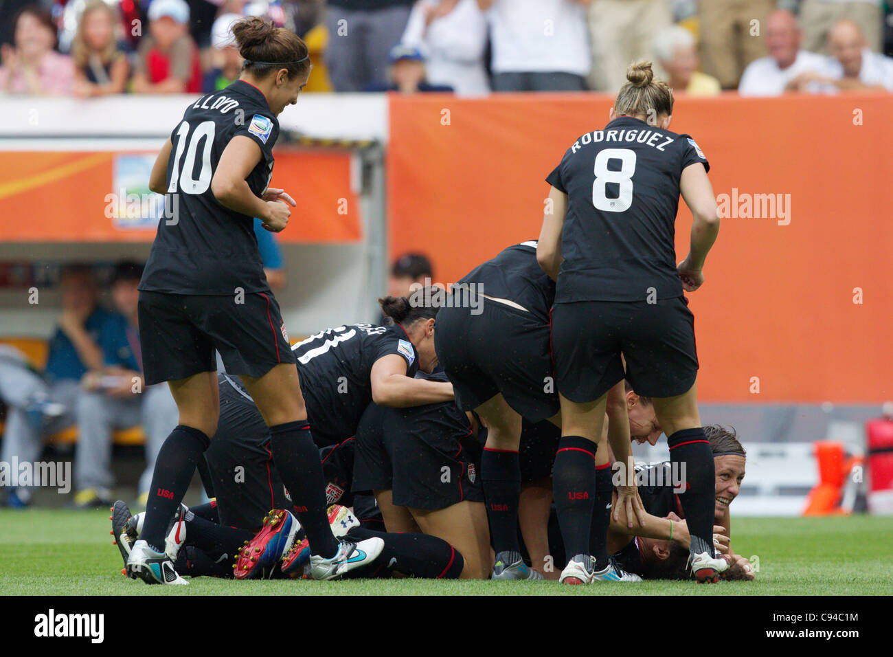 United States players celebrate after a goal against Brazil during a 2011 FIFA Women's World Cup quarterfinal match. Stock Photo