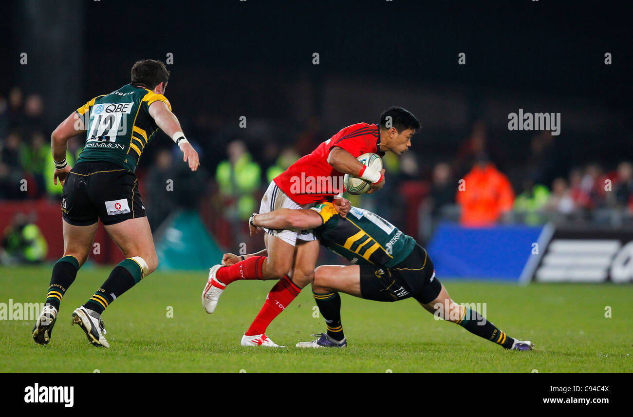 12.11.2011 Limerick, Ireland. Lifeimi Mafi (Munster) runs in to the Northampton defense during the Heineken Cup game between Munster and Northampton Saints at Thomond Park. Stock Photo