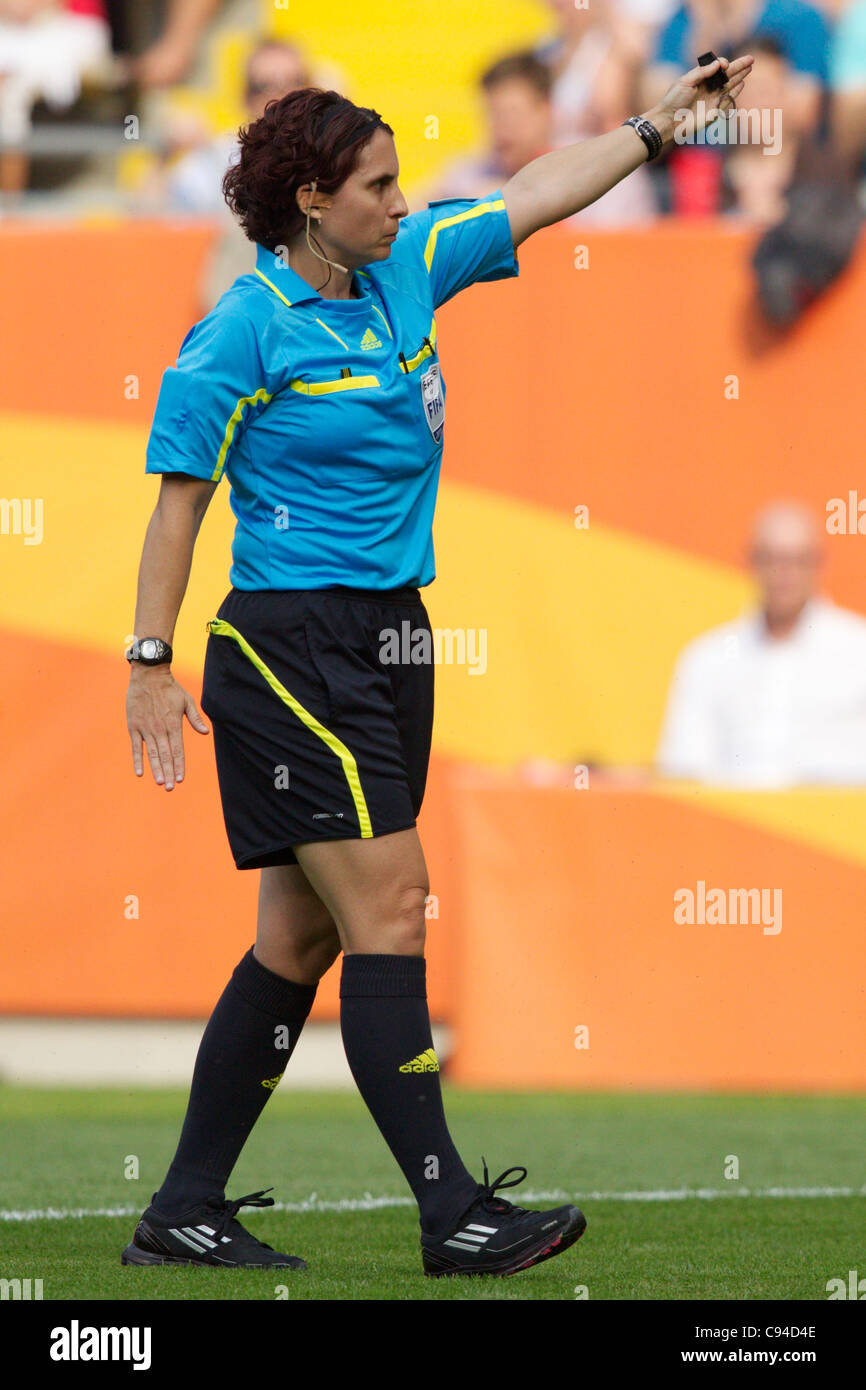 Referee Jacqui Melksham gestures for a corner kick during a 2011 Women's World Cup match between Brazil and the United States. Stock Photo