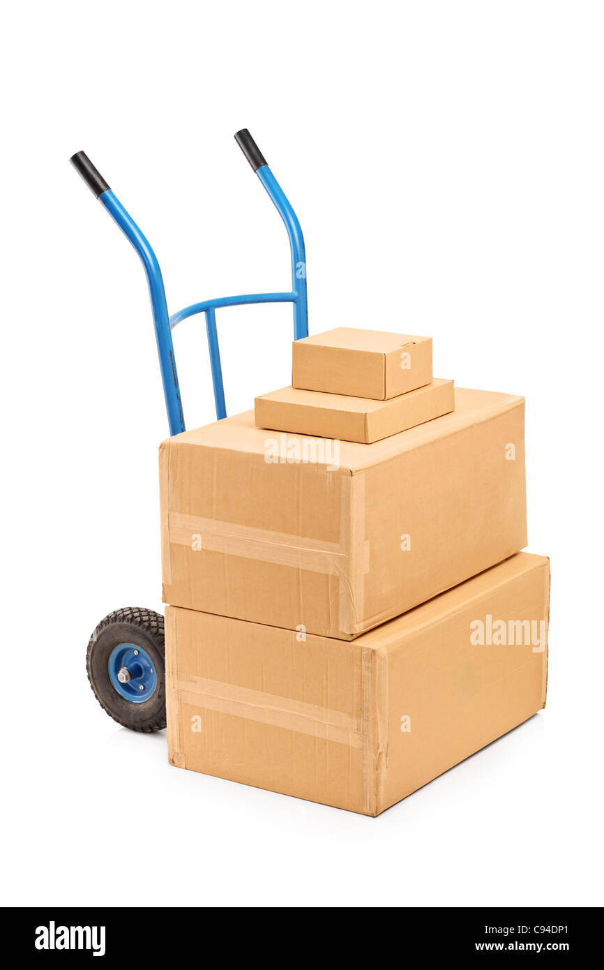 A view of a hand truck with many boxes on it Stock Photo