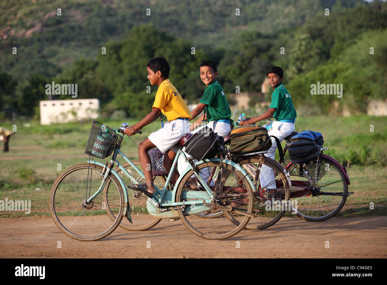 Indian school boys with bicycle Tamil Nadu India Stock Photo Alamy