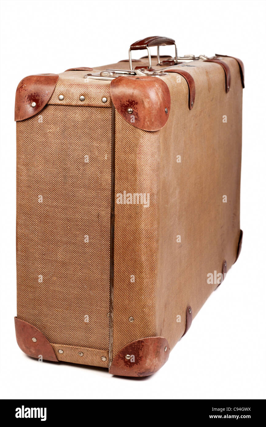 Vintage brown suitcase isolated over white background Stock Photo