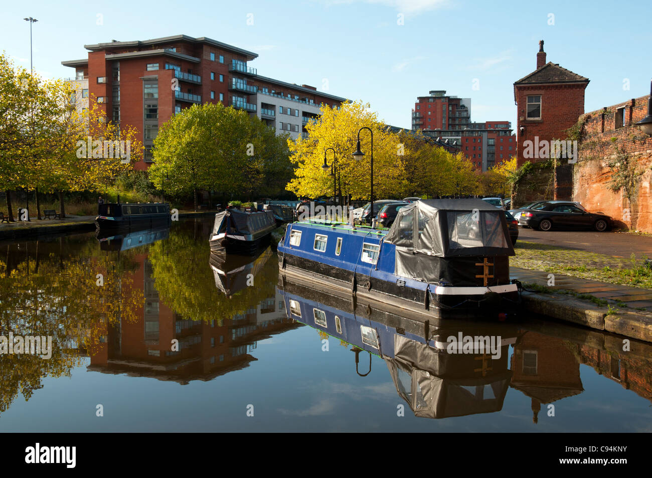 Narrowboats on the Bridgewater Canal at Castlefield Basin, Manchester, England, UK Stock Photo