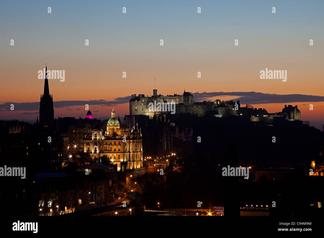 Edinburgh city skyline at dusk viewed from Calton Hill, Scotland UK, Europe Stock Photo