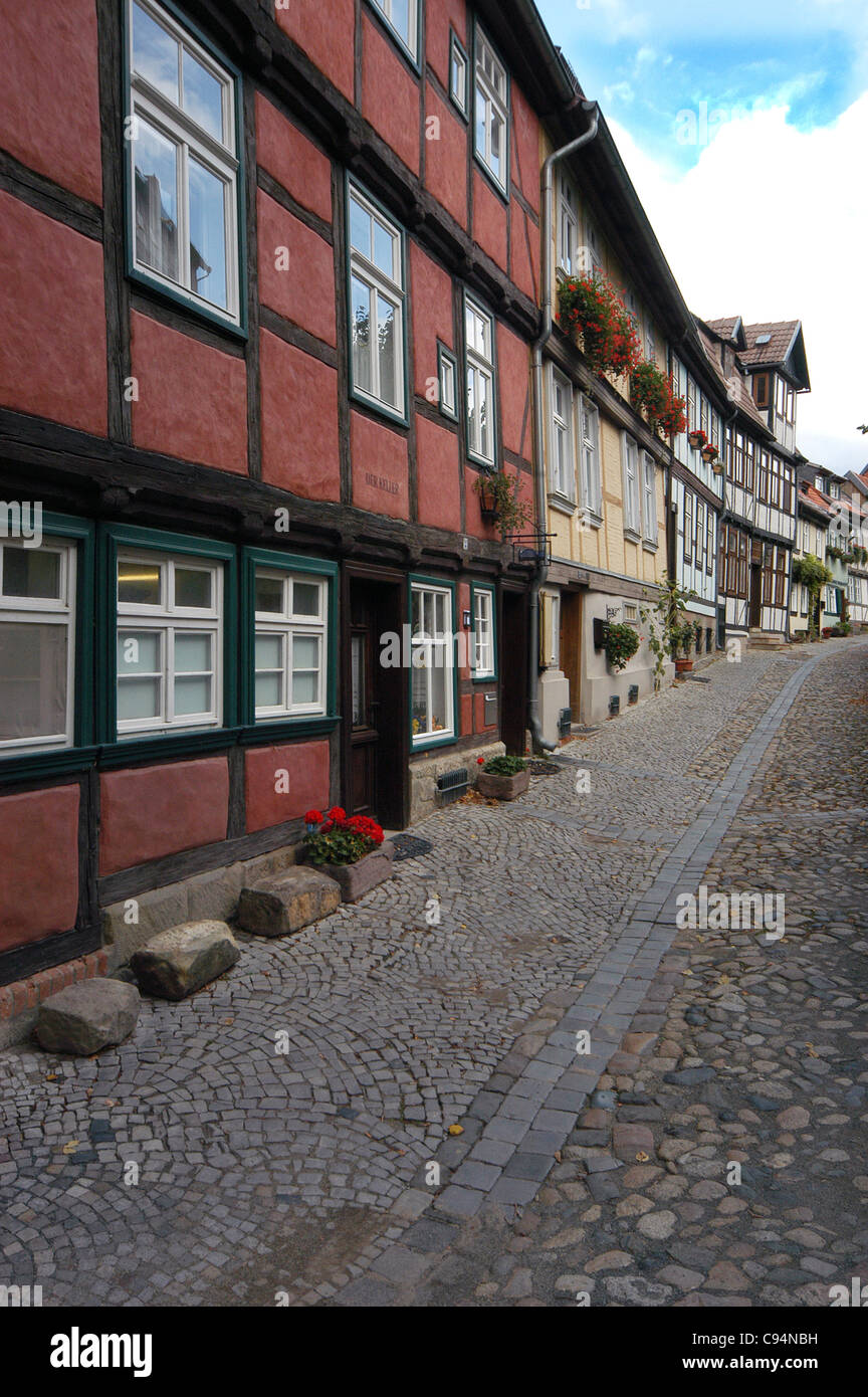 The Streets of Quedlinburg, Germany. Quedlinburg became a UNESCO World Cultural and Natural Heritage Site of Mankind in 1994 Stock Photo