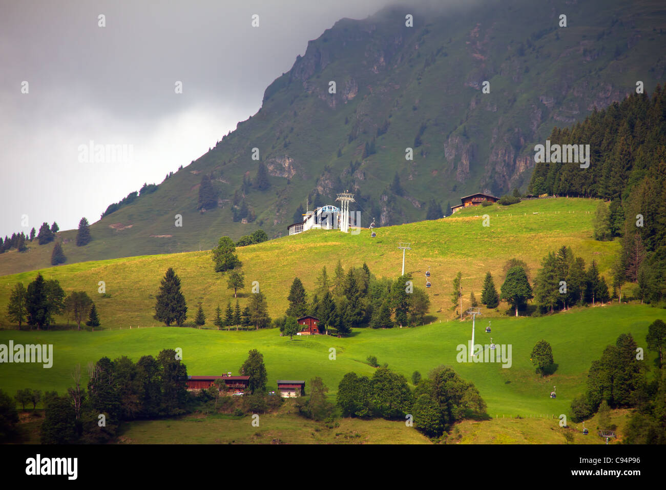 Alps mountains in Tirol Austria.Summertime with operating ski lifts. Stock Photo