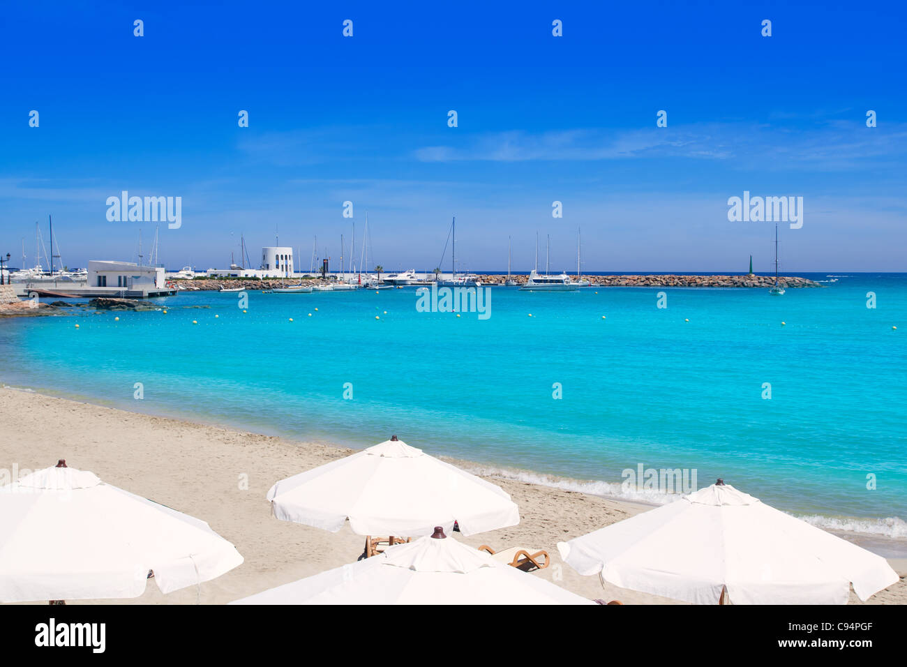 Ibiza Santa Eulalia del Rio beach turquoise mediterranean island Stock Photo