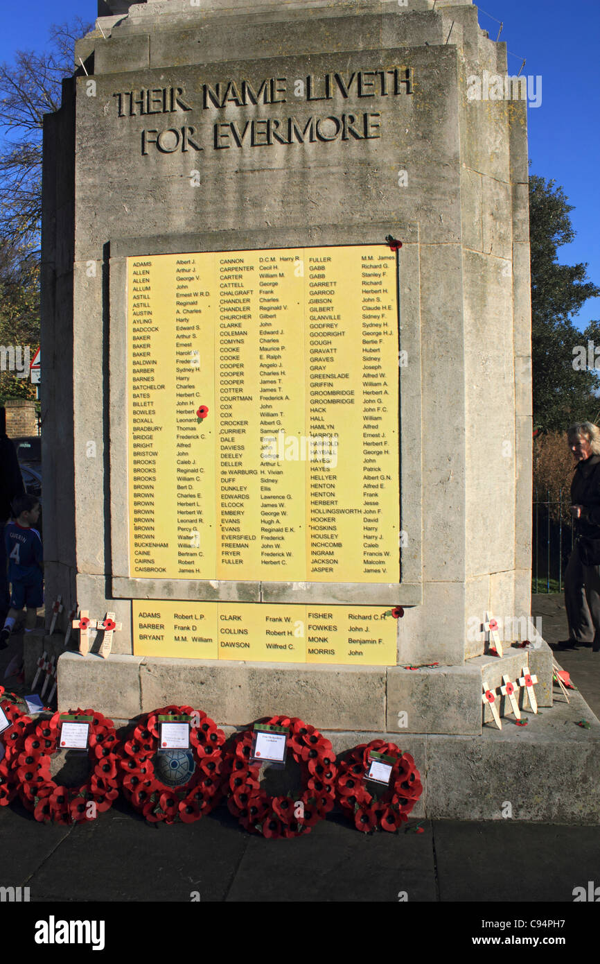 14 brass plaques containing the names of 243 fallen servicemen from WW1 were stolen from the war memorial at Carshalton South London on 28/09/11. On 10/11/11 Sutton council added temporary plastic panels to the memorial, ready for residents to pay their respects on Remembrance Sunday. Stock Photo