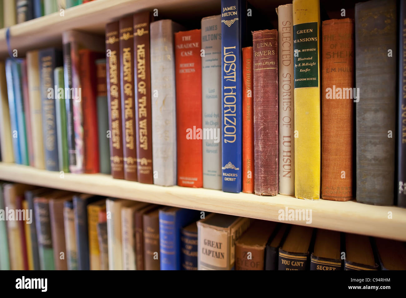 Hardcover books on shelves at a used bookstore. Stock Photo