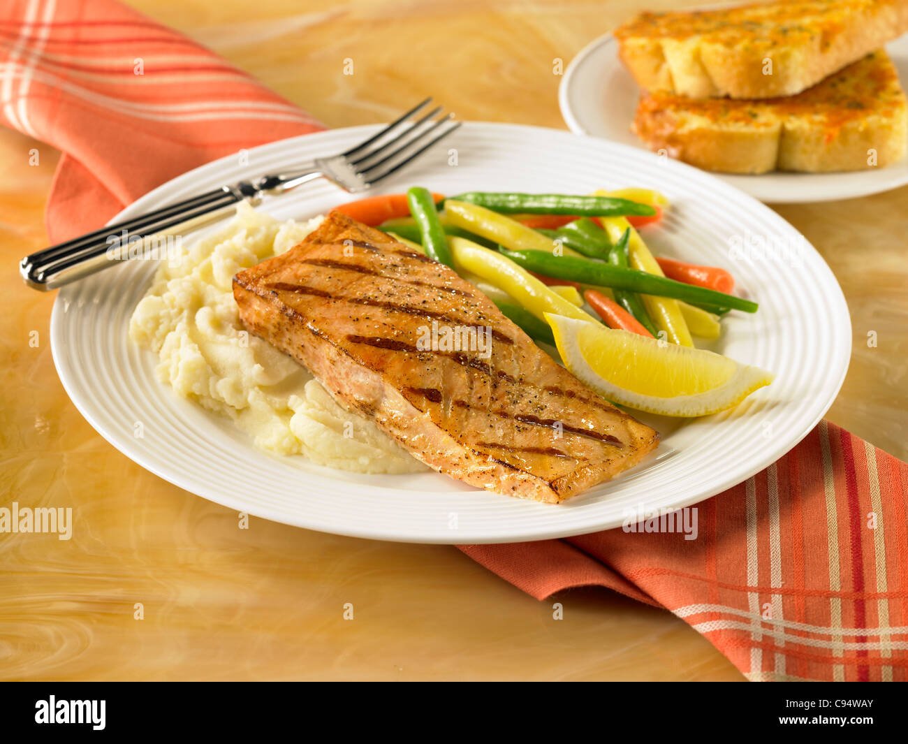 Salmon dinner served with mashed potatoes and vegetables Stock Photo Alamy
