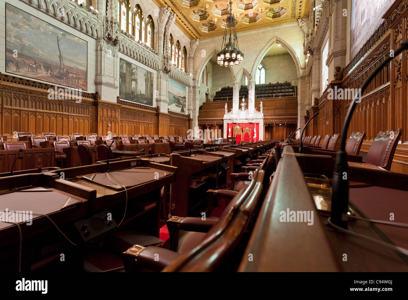View from the Opposition back benches of the Senate Chamber in the Parliament of Canada. Stock Photo