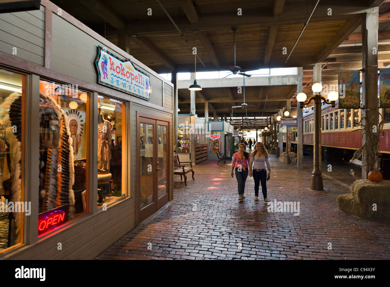 Shops in Stockyards Station on Exchange Avenue, Stockyards District, Fort Worth, Texas, USA Stock Photo