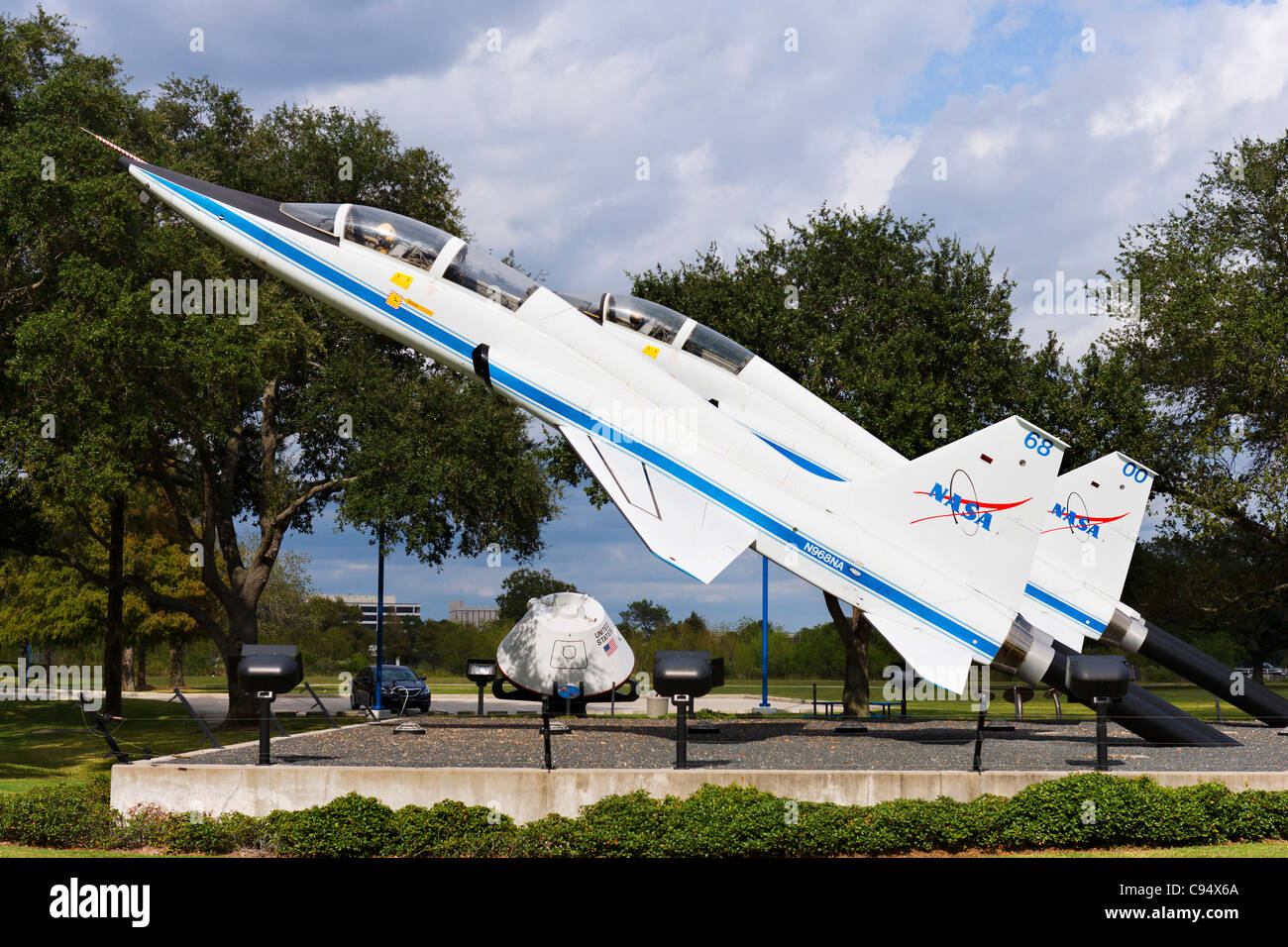 Two Northrop T-38 Talon jet trainers at the entrance to the Houston Space Center, Houston, Texas, USA Stock Photo