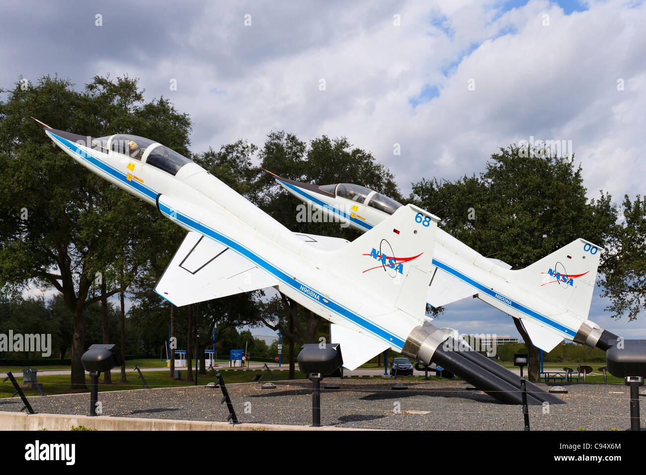 Two Northrop T-38 Talon jet trainers at the entrance to the Houston Space Center, Houston, Texas, USA Stock Photo