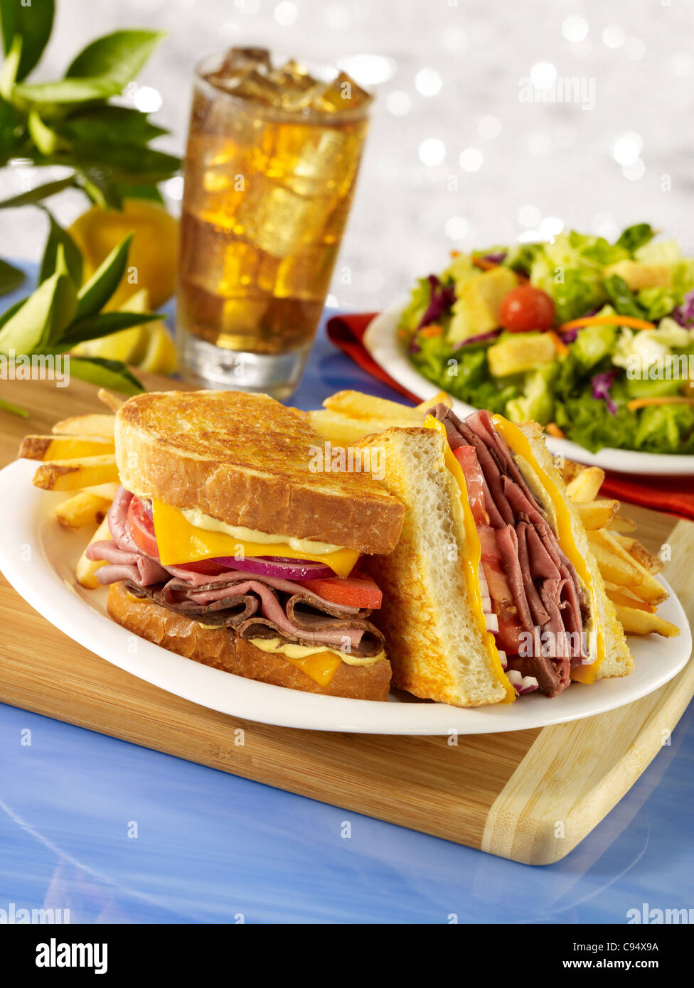 Gourmet roast beef sandwich served on grilled sourdough bread with