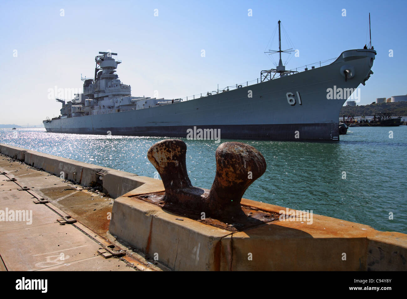 The battleship USS Iowa (BB61) is pushed toward the dock in Richmond California, on October 28, 2011. Stock Photo
