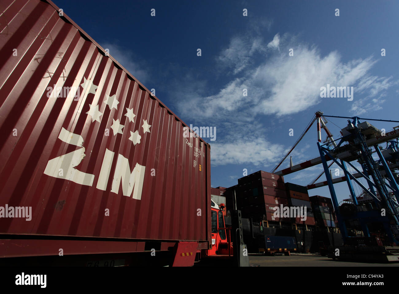 Cargo containers of Zim Israels biggest cargo shipping company stacked at the cargo terminal in