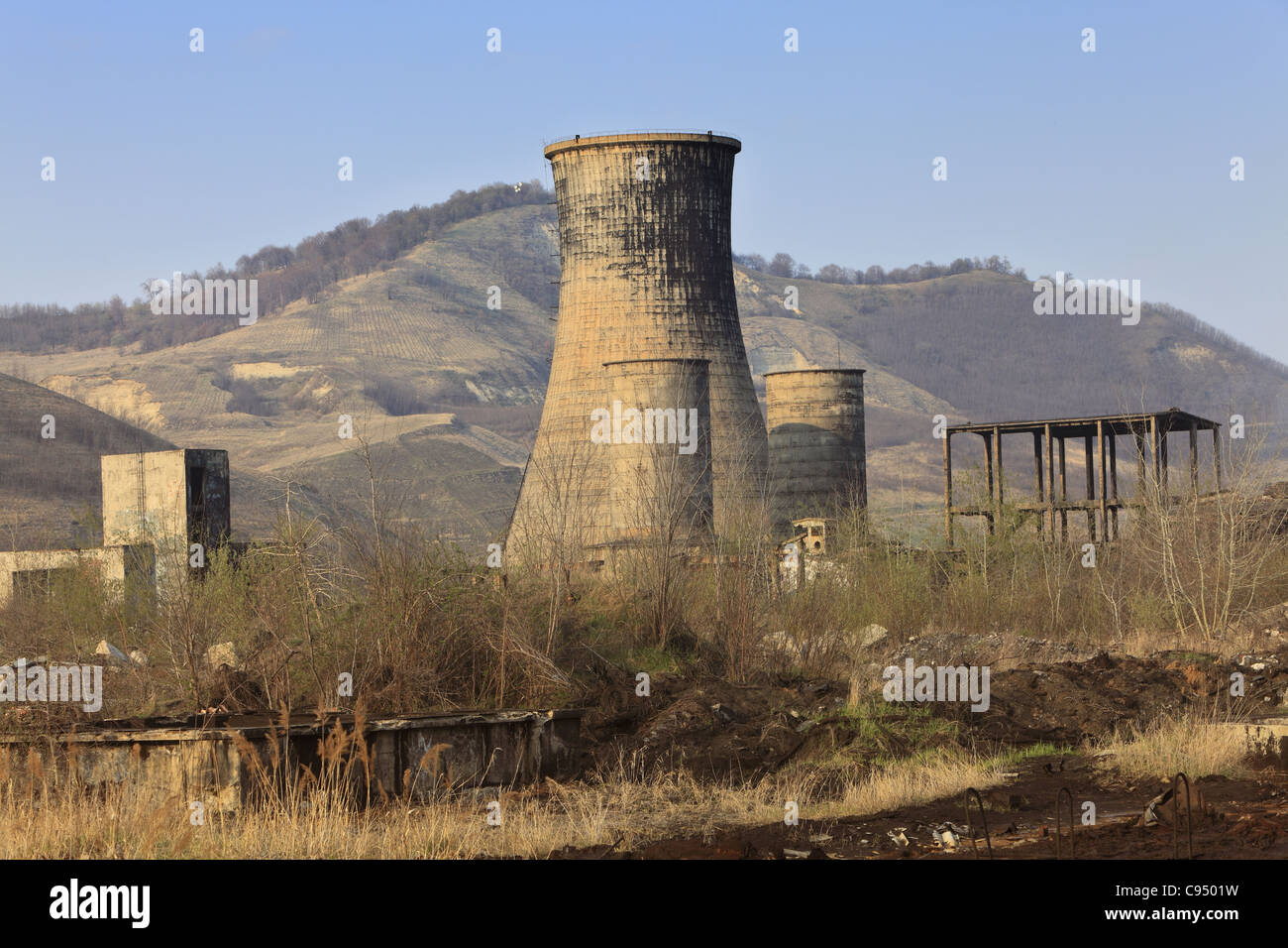 Ruins of a very heavily polluted industrial site at Copsa Mica,Romania. Stock Photo
