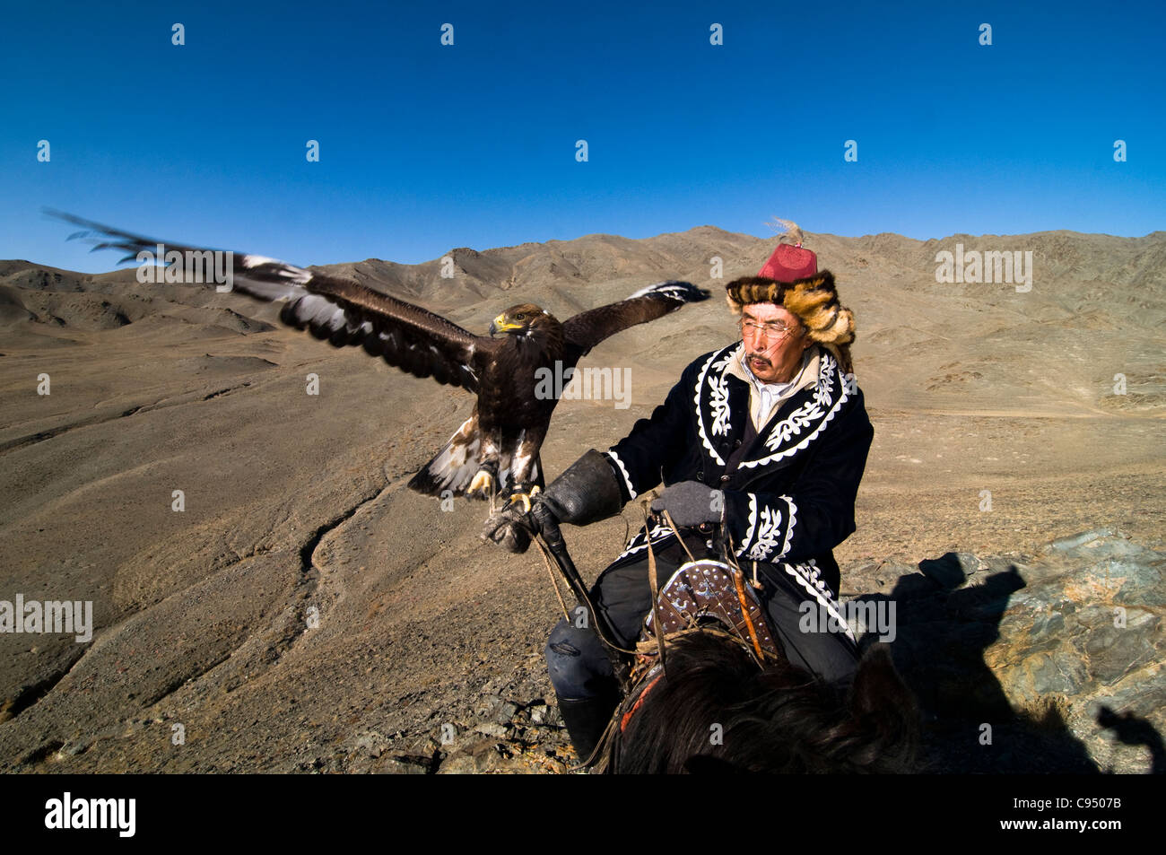 Kazakh Eagle Hunter And His Golden Eagle In The Altai Region