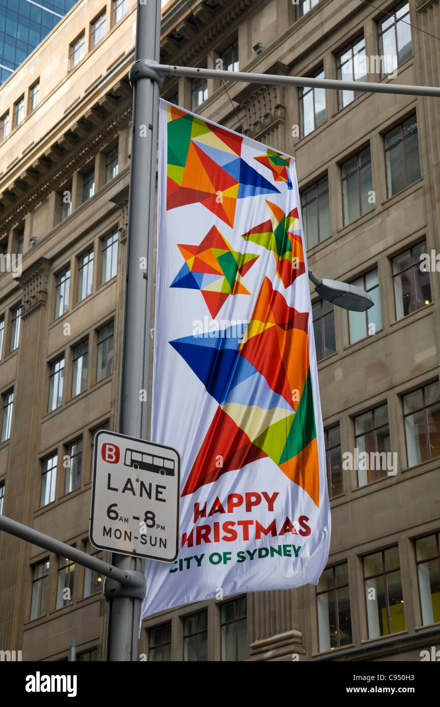city of sydney has erected its happy christmas 2011 banners around the city,sydney,australia Stock Photo