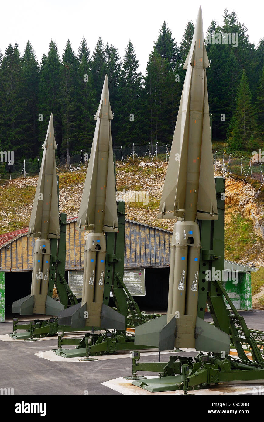 Coe pass, Trentino, Italy. Cold war. Ex NATO base Tuono ( Thunder) .Missiles Nike-Hercules on launch pads. Stock Photo