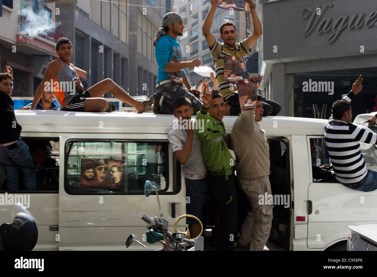 Syrian protest to support Syrian president Bachar Al Assad at Hamra street Beirut Lebanon Stock Photo