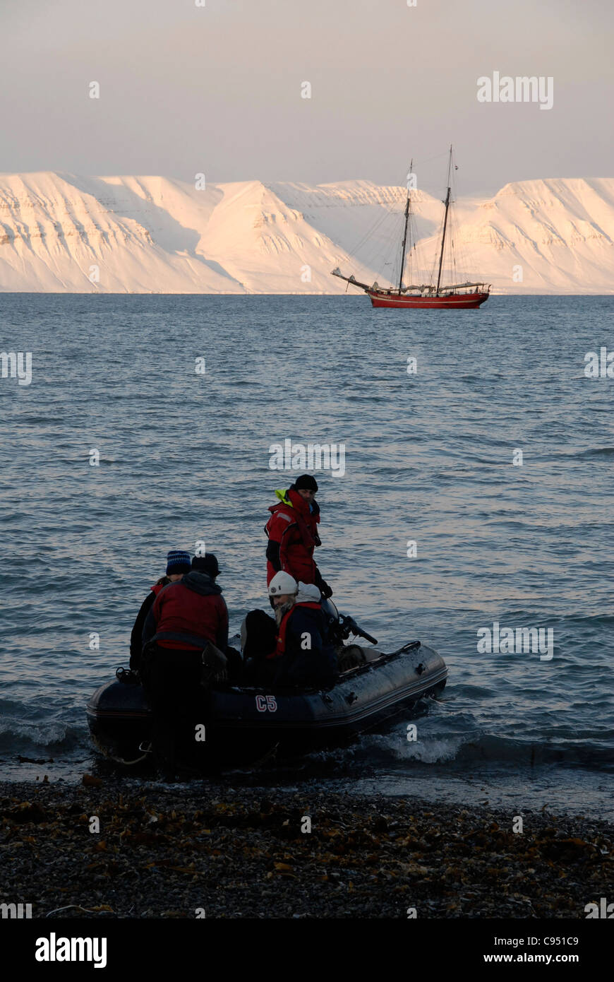 A landing of a group from the Schooner 'Noorderlicht' in Billefjord, Skansbukta, Spitsbergen Stock Photo