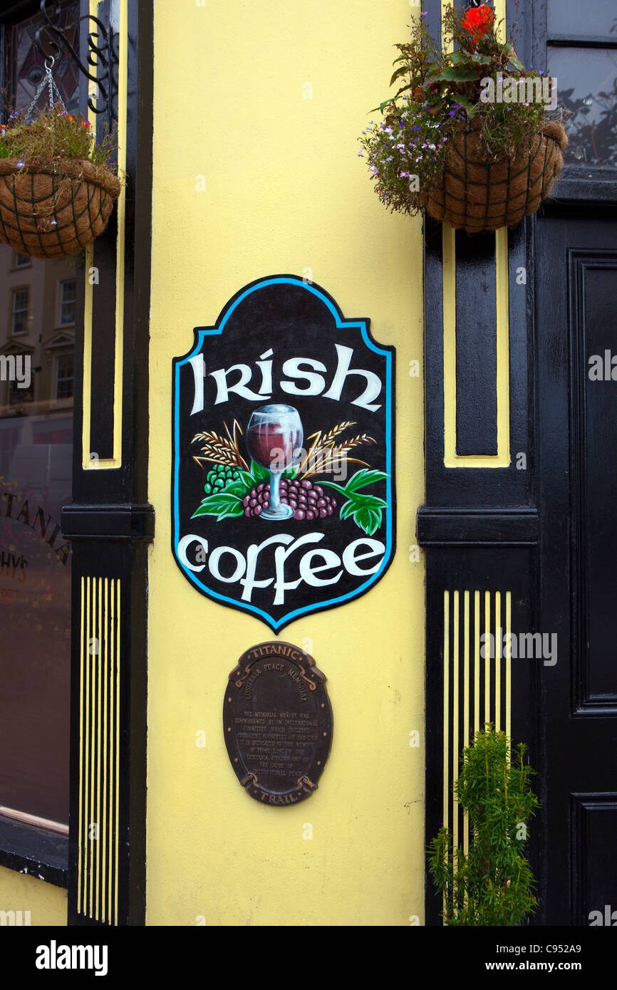 Irish Coffee sign outside a pub in Cobh, Cork, Ireland. Irish coffee is a mixture of coffee, whiskey, sugar and cream. Stock Photo