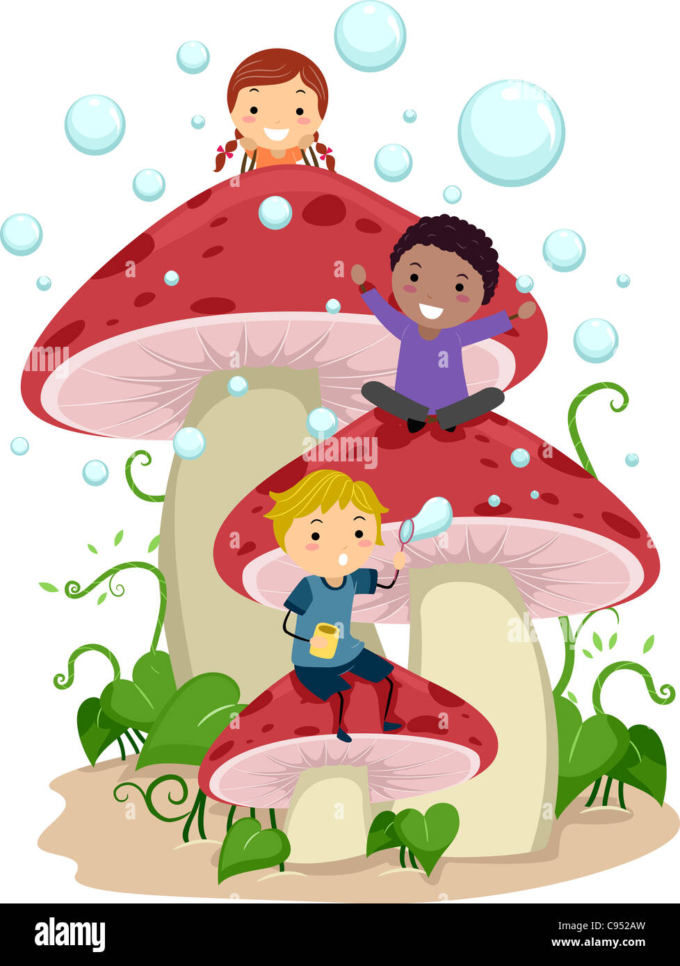 Illustration of Kids Playing Amongst Giant Mushrooms Stock Photo - Alamy