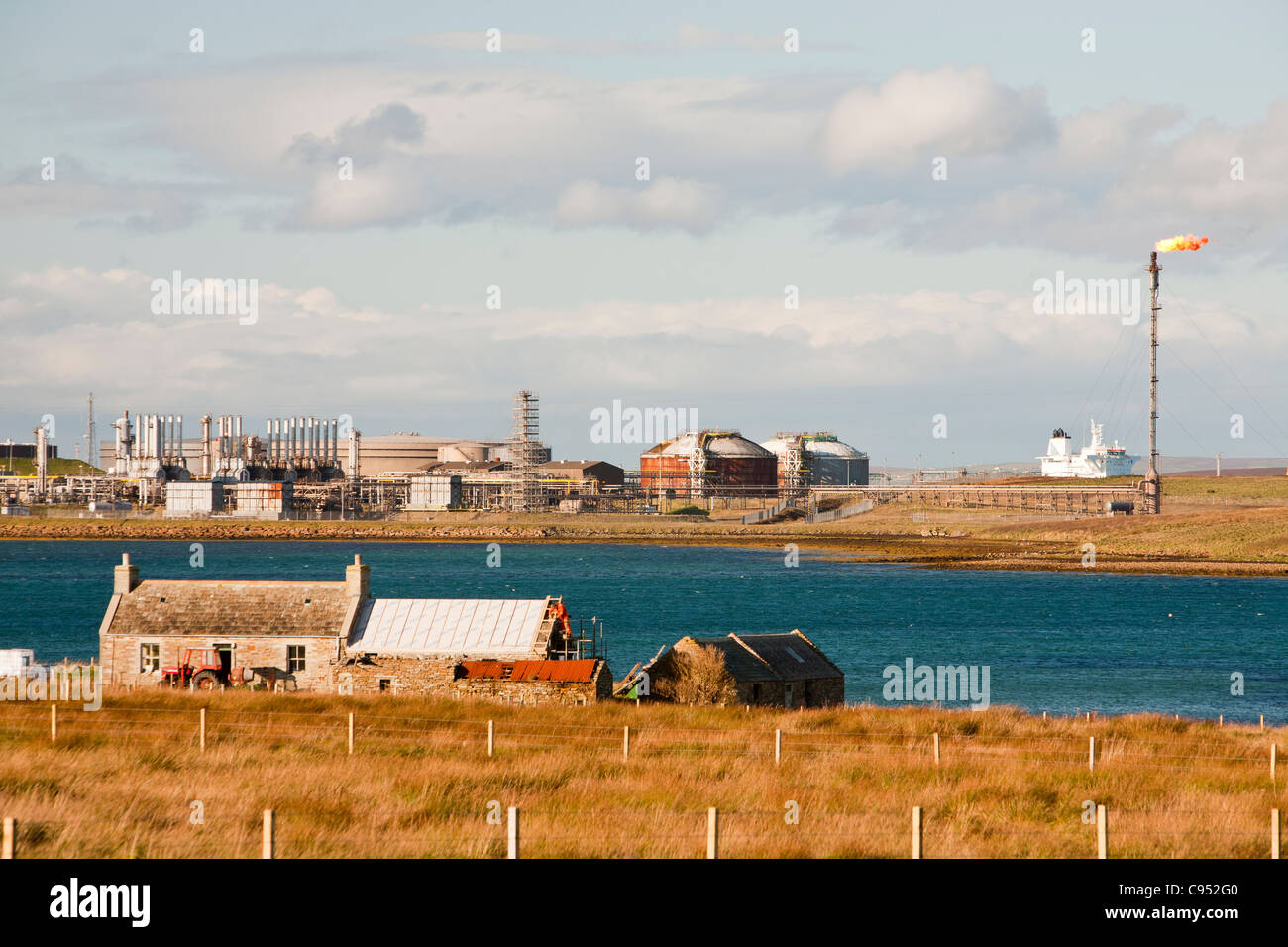 The Flotta oil terminal in the Orkney's Scotland, UK. 10% of the UK's oil production comes through the Flotta terminal Stock Photo