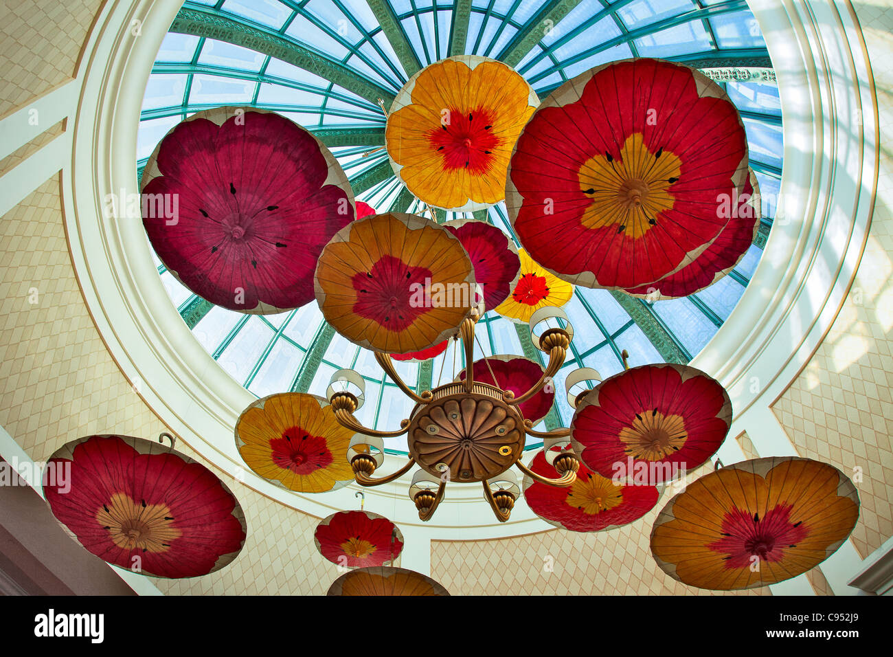 Brightly coloured parasols hanging from the ceiling Stock Photo Alamy