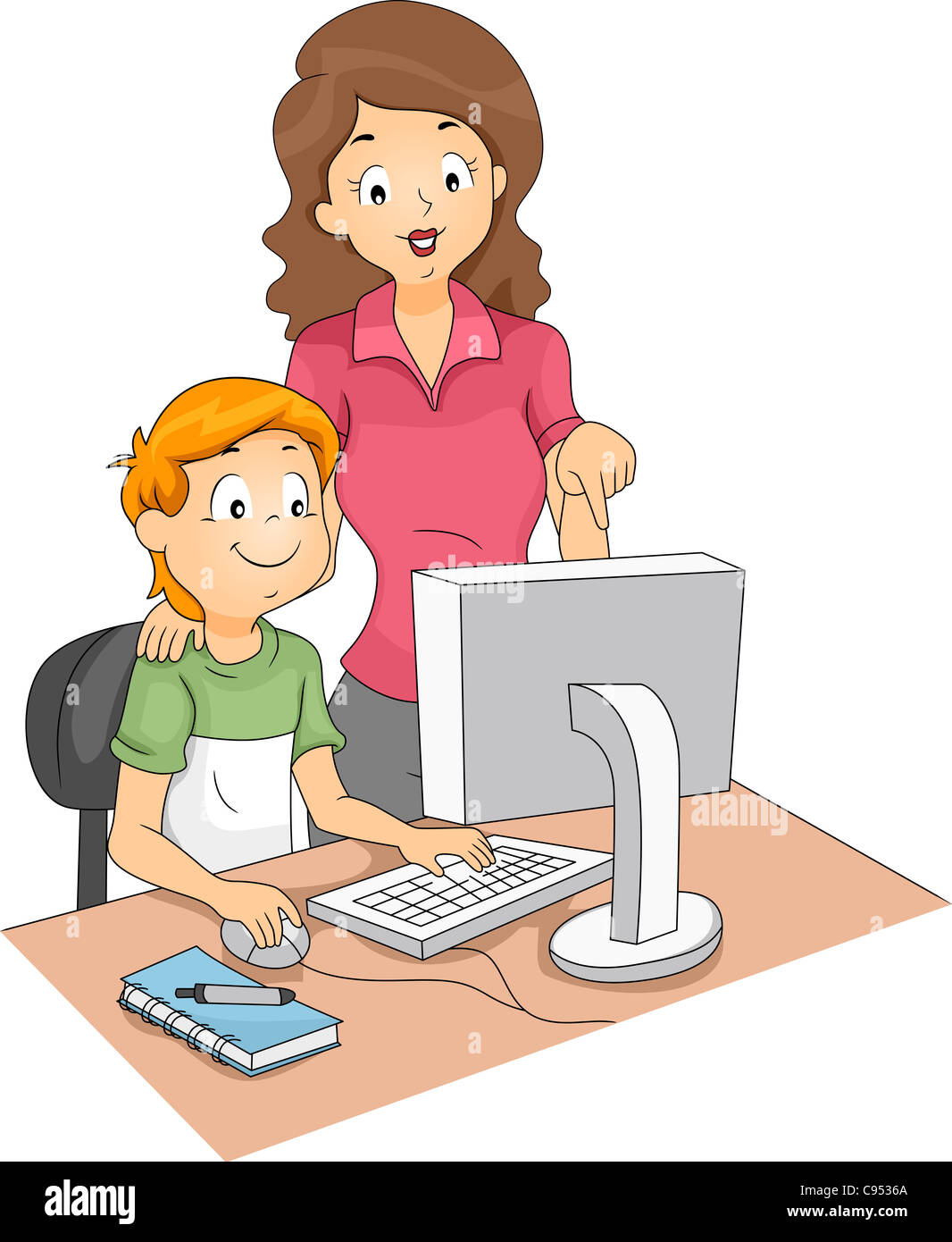 Illustration of a Computer Teacher Guiding Her Student Stock Photo