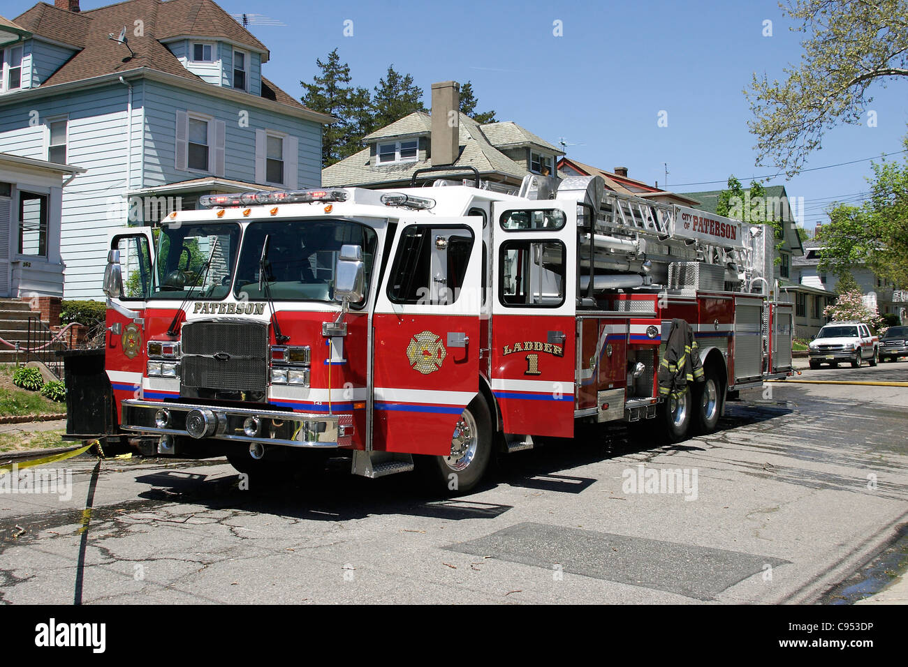 E-One midmount tower.Paterson Fire Department. Ladder 1. Stock Photo