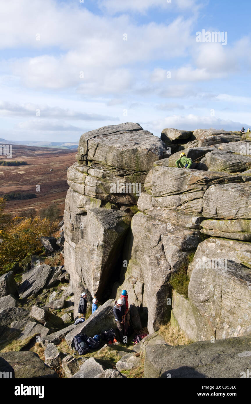 Stanage Edge Rocks Rock Climbers on the top of Stanage Edge in the Peak District National ...