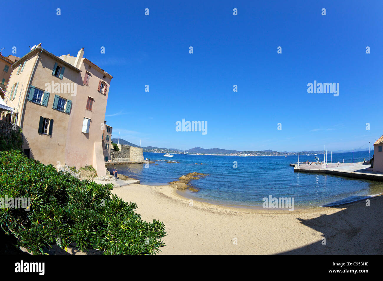 Small sandy beach in Saint-Tropez, Var, Provence, Cote d'Azur, France Stock Photo