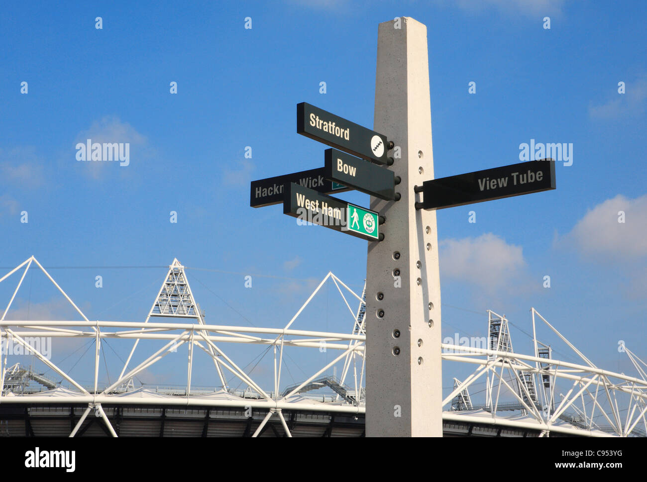 Signpost at the Olympic stadium for the 2012 Games, in Stratford, taken