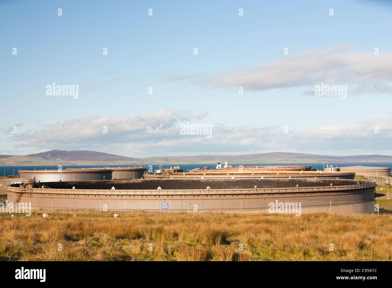 Flotta oil terminal on Flotta in the Orkney's Scotland, UK. 10% of the UK's oil production comes this terminal Stock Photo